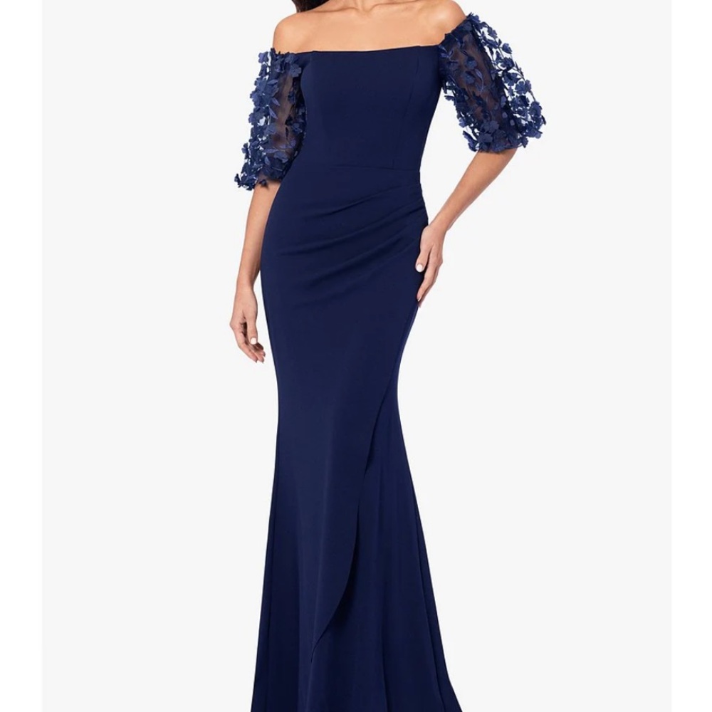 Xscape Blue Off-Shoulder Puff Sleeve Maxi Dress